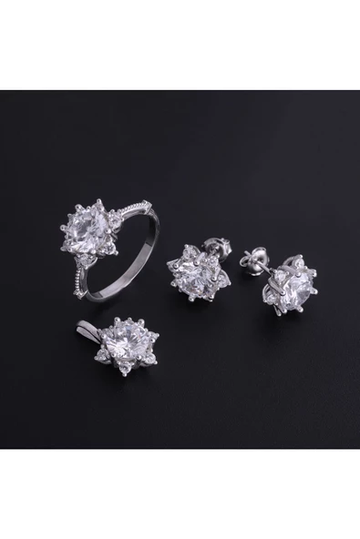925 Ayar Gümüş Zirkon Taşlı Dörtlü Set (Yüzük, Bir Çift Küpe, Kolye Ucu) - 2