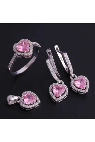 Gümüş Pembe Zirkon Taşlı Kalp Modeli Dörtlü Set (YÜZÜK, BİR ÇİFT KÜPE, KOLYE UCU) - Resim 2