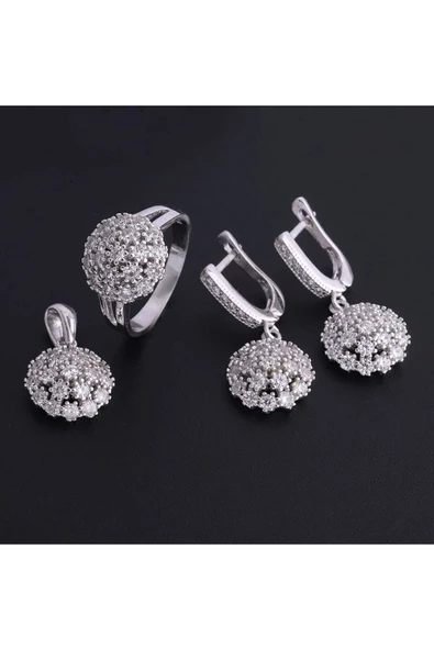 925 Ayar Gümüş Zirkon Taşlı Kartopu Çiçeği Modeli Dörtlü Set (Yüzük, Bir Çift Küpe, Kolye Ucu) - Resim 2