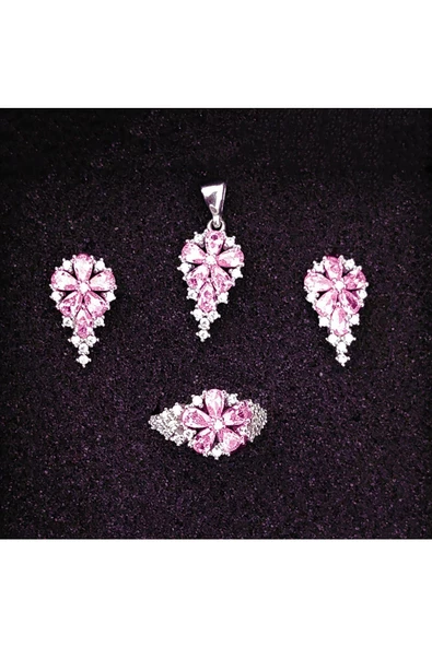Damla Zirkon Pembe Taşlı Frapan Dörtlü Set  925 Ayar Gümüş (Yüzük, Bir Çift Küpe, Kolye Ucu) - 2