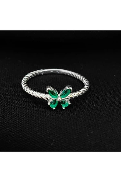 Yeşil Renkli Zirkon Taşlı Çıtır Kelebek Model Yüzük 925 Ayar Gümüş - 3
