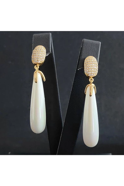 Uzun Salkım Damla Zirkon Taşlı Altın Kaplama Frapan Bijuteri Küpe - 2