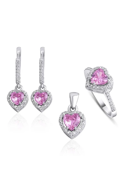 Gümüş Pembe Zirkon Taşlı Kalp Modeli Dörtlü Set (YÜZÜK, BİR ÇİFT KÜPE, KOLYE UCU) ürün görseli