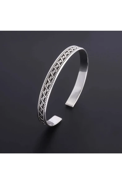925 Ayar Gümüş Ayarlanabilir Unisex Oksitli & Motifli Bileklik - Resim 2
