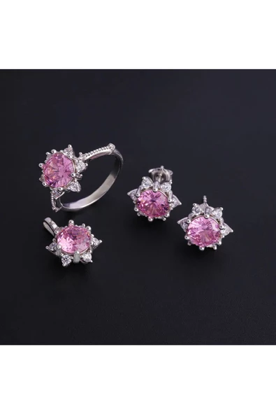 925 Ayar Gümüş Pembe Zirkon Taşlı Dörtlü Set (Yüzük, Bir Çift Küpe, Kolye Ucu) - 2