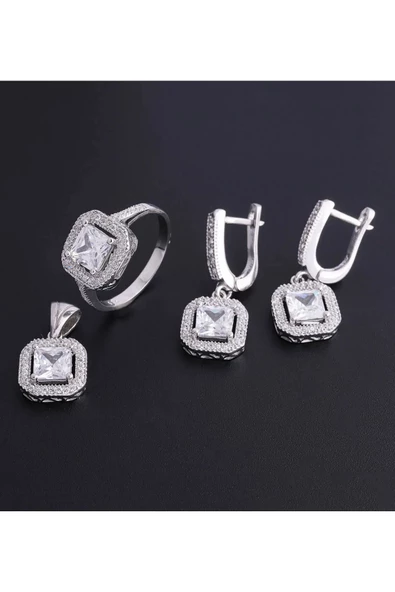 Gümüş (925 Ayar) Kare Zirkon Taşlı Zarif Dörtlü Set(Yüzük, Bir Çift Küpe, Kolye Ucu) - Resim 2