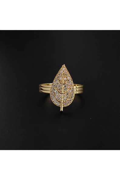 Zirkon Taşlı Yaprak Modeli Altın  Kaplama Bijuteri Yüzük - Resim 2