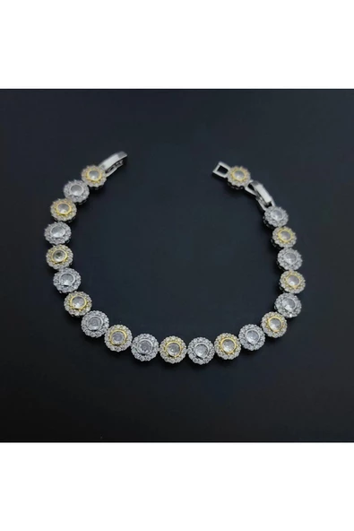 Altın Ve Gümüş Renkli Zirkon Taşlı Ayarlanabilir Bijuteri Bileklik -2 - Resim 3