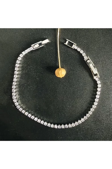 İnce Suyolu Yuvarlak Taşlı Gümüş Kaplama Bijuteri Bileklik - Resim 2