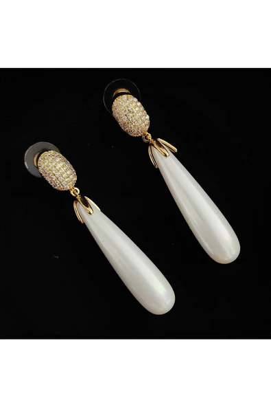 Uzun Salkım Damla Zirkon Taşlı Altın Kaplama Frapan Bijuteri Küpe