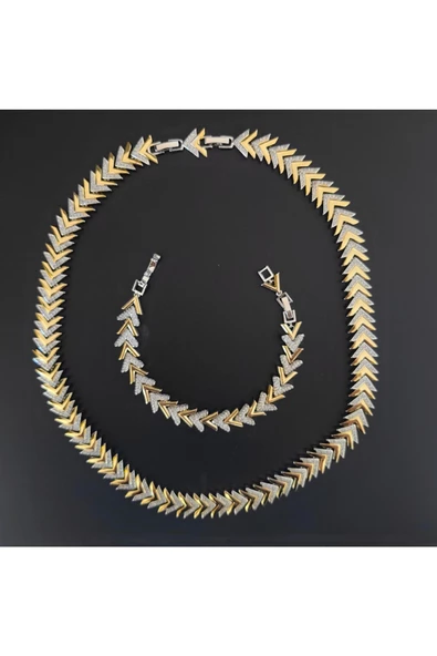 Altın Ve Gümüş Renkli Zirkon Taşlı Bijuteri Kolye Zincir - Resim 2