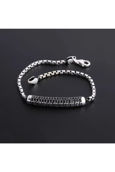 Gümüş (925 Ayar) Unisex Antik Roma Desenli Oksitli Zincir Bileklik - Resim 2