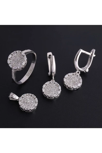 Gümüş (925 Ayar) Zirkon Taşlı Dörtlü Set (Yüzük, Bir Çift Küpe, Kolye Ucu) - Resim 2
