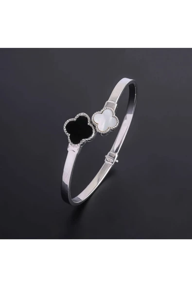 (925 AYAR) Gümüş Zirkon Ve Onnix Taşlı Ve Sedefli Bombeli Elit Bilezik - Resim 2