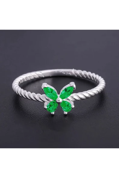 Yeşil Renkli Zirkon Taşlı Çıtır Kelebek Model Yüzük 925 Ayar Gümüş - Resim 2