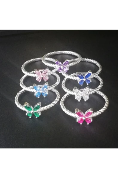 Pembe Renkli Zirkon Taşlı Çıtır Kelebek Model Yüzük 925 Ayar Gümüş - 3