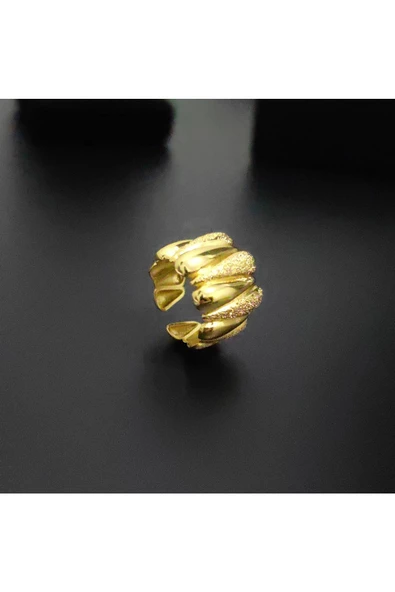 Lazer İşlemeli Uzun Damla Altın Kaplama Bijuteri Yüzük - 3