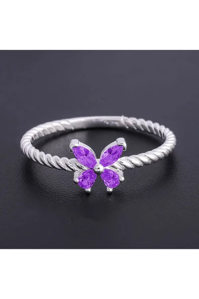 Mor Renkli Zirkon Taşlı Çıtır Kelebek Model Yüzük 925 Ayar Gümüş - Resim 2