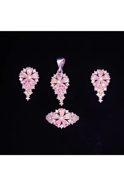 Damla Zirkon Pembe Taşlı Frapan Dörtlü Set 925 Ayar Gümüş (YÜZÜK, BİR ÇİFT KÜPE, KOLYE UCU) ürün görseli