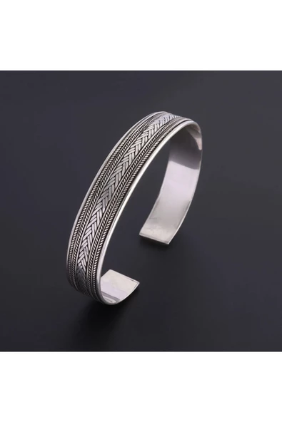 925 Ayar Gümüş Ayarlanabilir Unisex Oksitli Desenli Geniş Bileklik - Resim 2