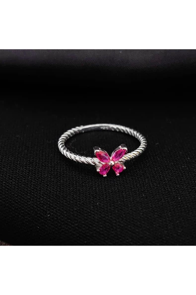 Koyu Pembe Renkli Zirkon Taşlı Çıtır Kelebek Model Yüzük 925 Ayar Gümüş - 3