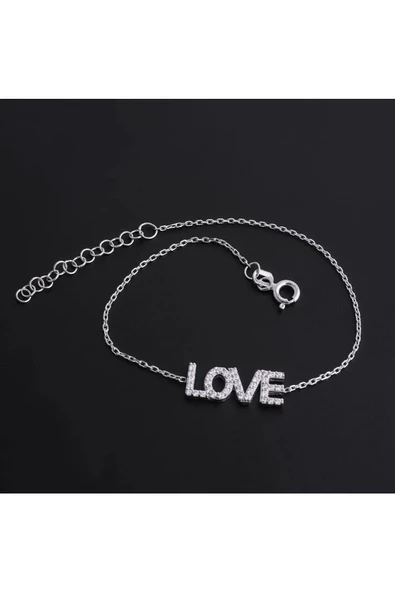 Gümüş (925 AYAR) Zirkon Taşlı Love Harf Modeli Bileklik - Resim 2