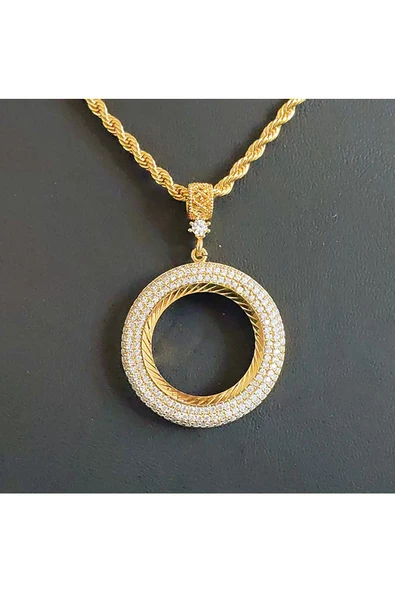 Üç Sıra Zirkon Taşlı Yarım Altınlık Bijuteri Kolye Ucu 22 Ayar Altın Kaplama ürün görseli