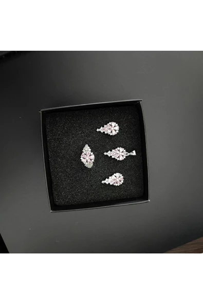 Damla Taşlı Anturaj  Dörtlü Set  925 Ayar Gümüş(Yüzük, Bir Çift Küpe, Kolye Ucu) - 4