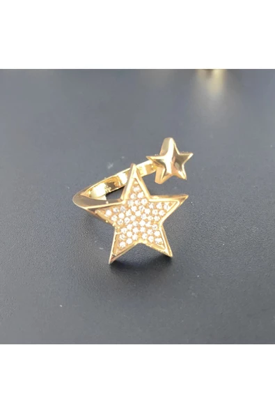 Zirkon Taşlı İki Yıldız Modeli Altın  Kaplama Bijuteri Yüzük
