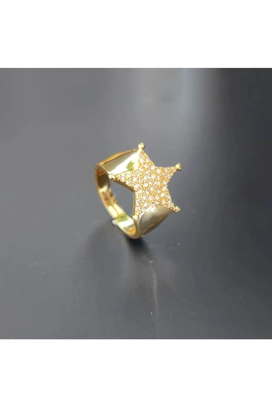 Zirkon Taşlı Yıldız Modeli Altın Kaplama Bijuteri Yüzük - Resim 2