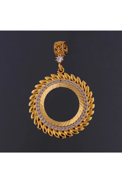 Zirkon Taşlı Yarım Altınlık Yaprak Desenli Bijuteri Kolye Ucu 22 Ayar Altın Kaplama ürün görseli