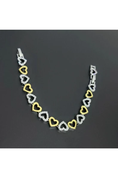 Altın Ve Gümüş Renkli Kalp Modeli Ayarlanabilir Bijuteri Bileklik -1 - Resim 2