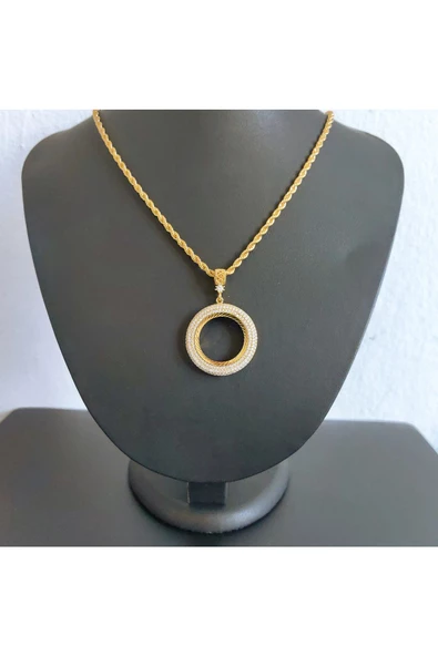 Üç Sıra Zirkon Taşlı Yarım Altınlık Bijuteri Kolye Ucu 22 Ayar Altın Kaplama - Resim 2