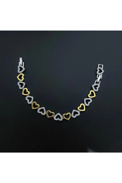 Altın Ve Gümüş Renkli Kalp Modeli Ayarlanabilir Bijuteri Bileklik -1 - Resim 3