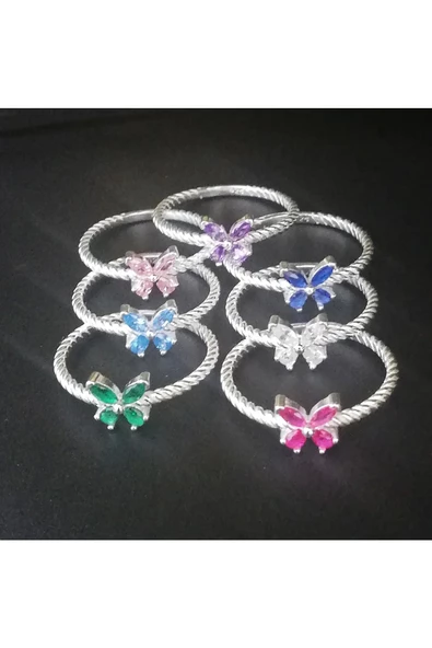 Renkli Zirkon Taşlı Çıtır Kelebek Model Yüzük 925 Ayar Gümüş - Resim 3