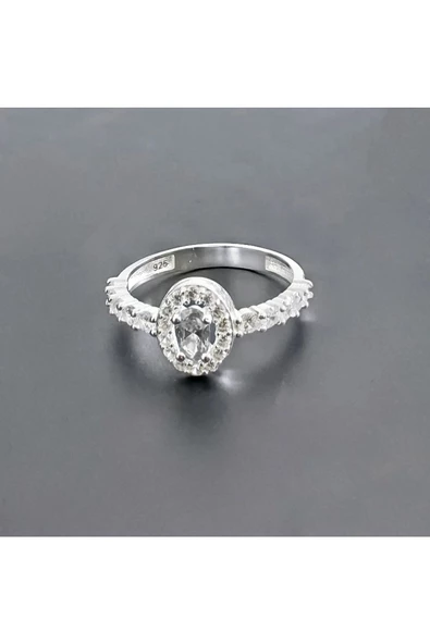 Beyaz Baget Taşlı Oval Yüzük 925 Ayar Gümüş - 2