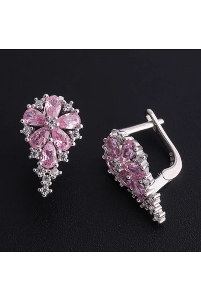 Damla Zirkon Pembe Taşlı Frapan Dörtlü Set  925 Ayar Gümüş (Yüzük, Bir Çift Küpe, Kolye Ucu) - 4