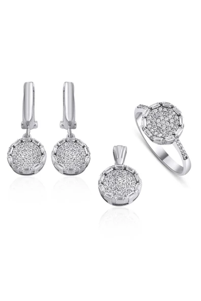 Gümüş (925 Ayar) Zirkon Taşlı Dörtlü Set (Yüzük, Bir Çift Küpe, Kolye Ucu) ürün görseli