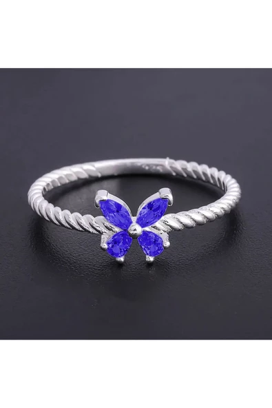 Saks Mavi Renkli Zirkon Taşlı Çıtır Kelebek Model Yüzük 925 Ayar Gümüş - Resim 2