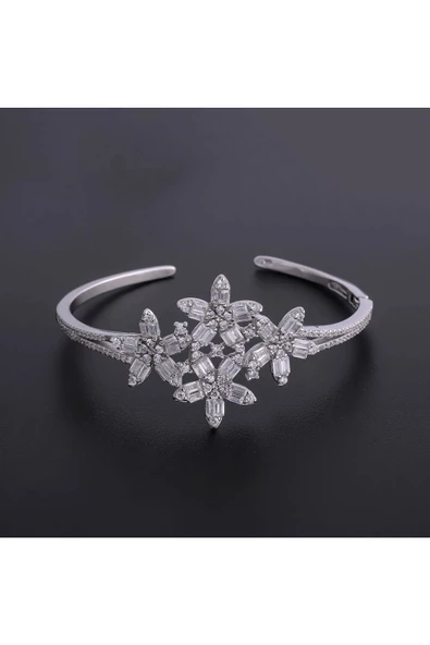 (925 AYAR) Gümüş Taşlı Ayarlanabilir Boyut Zarif Çiçek Bilezik - Resim 2