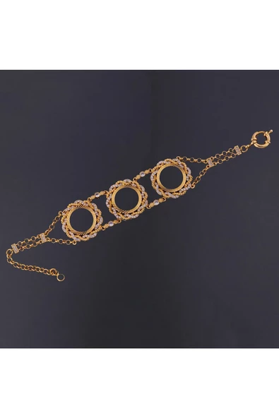 Zirkon Taşlı Üçlü Çeyreklik Zincir3 Bileklik 22 Ayar Altın Kaplama - Resim 2