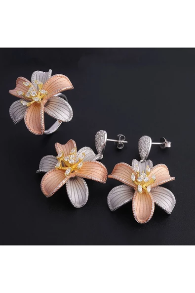 Gümüş (925 Ayar) Zirkon Taşlı  Üç Renkli Yaşam Çiçeği Üçlü Set(Yüzük, Bir Çift Küpe,) - 2