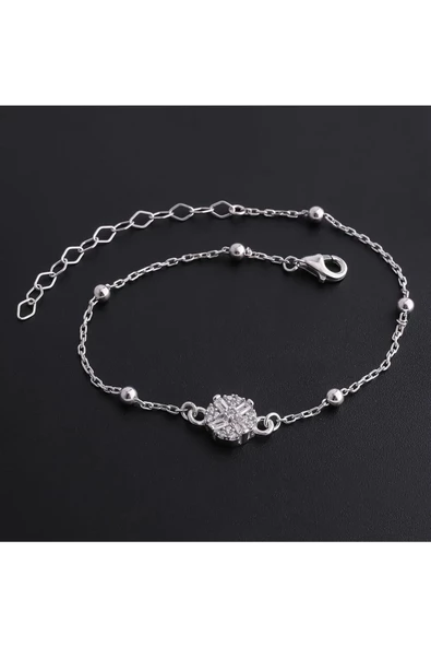 Eskitme Modeli Sade Zirkon Taşlı Zincirli Bileklik 925 Ayar Gümüş - Resim 2