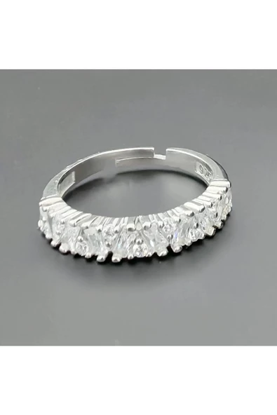 Sıralı Baget Taşlı Frapan Yüzük 925 Ayar Gümüş - Resim 2