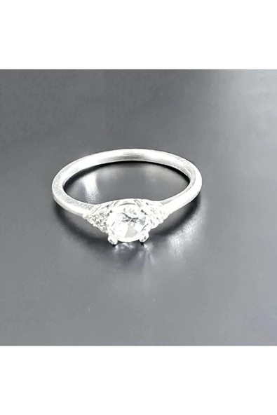 Yuvarlak Ince Tek Taş Yüzük 925 Ayar Gümüş - 2