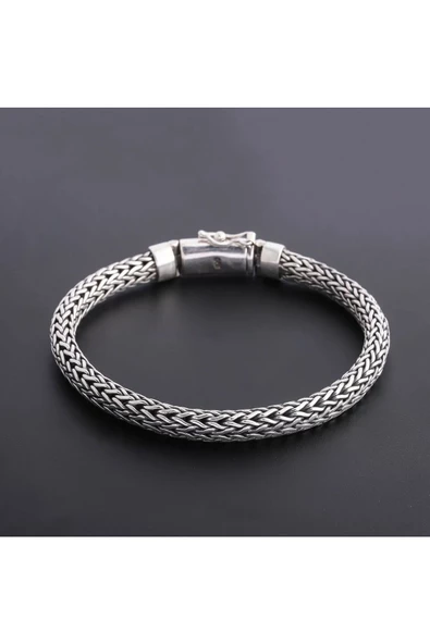 925 Ayar Gümüş Ayarlanabilir Unisex Oksitli & Örme Bileklik - Resim 2