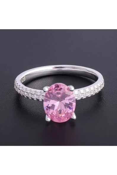 Elips Tek Taşlı Açık Pembe Renk Frapan Yüzük 925 Ayar Gümüş - Resim 2
