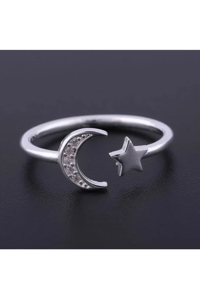Zirkon Taşlı Ay Yıldız Modeli Yüzük 925 Ayar Gümüş - Resim 2