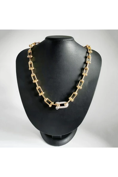 Zirkon Taşlı Kalın Zincir Altın ve Gümüş Kaplama Bijuteri Kolye4 ürün görseli