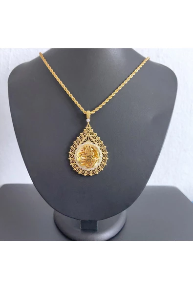 Zirkon Taşlı Damla Modeli Tuğralı 6.5 cm Bijuteri Kolye Ucu 22 Ayar Altın Kaplama - Resim 3